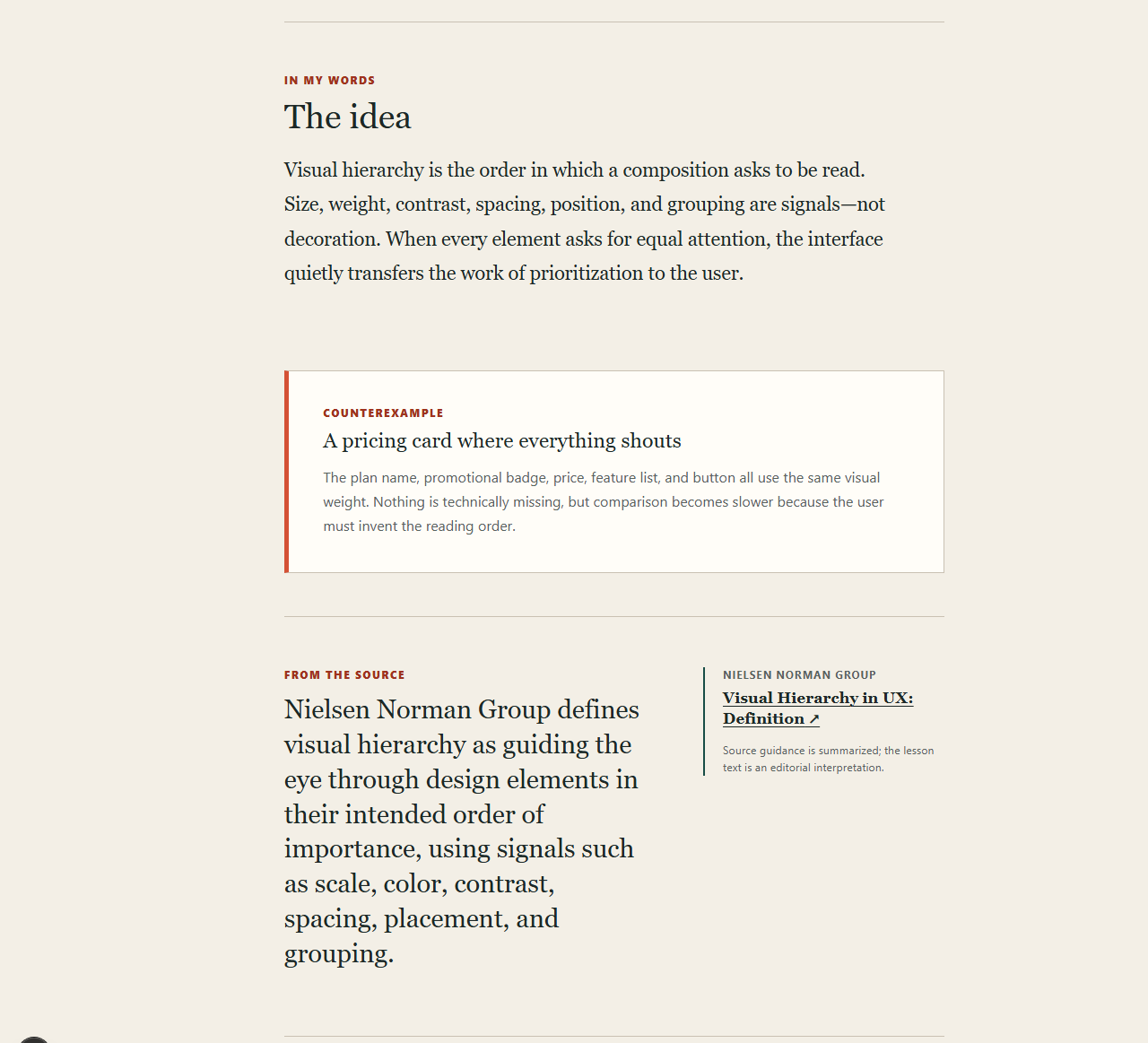 A design lesson showing an editorial interpretation section labeled 'In my words,' a counterexample callout, and a separate 'From the source' section with a citation card crediting Nielsen Norman Group.