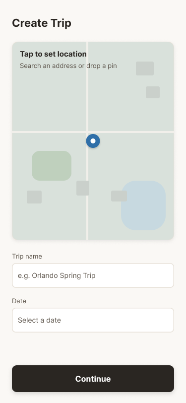 Revised Create Trip screen where the empty upper section is now a full-width interactive map for setting a location by tapping or dropping a pin.