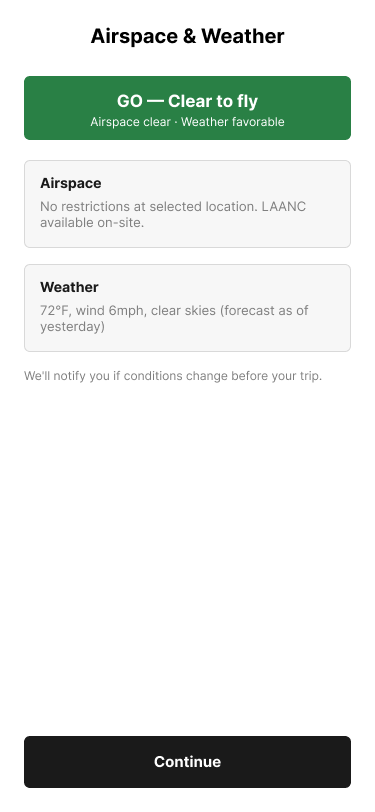 Early Airspace and Weather screen with two cards, Airspace and Weather; LAANC is mentioned only as a sentence inside the Airspace card.