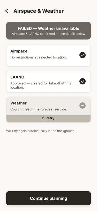 Airspace and Weather screen showing a gray FAILED — Weather unavailable banner; airspace and LAANC remain confirmed, and the Weather card shows Couldn't reach the forecast service with a Retry button.